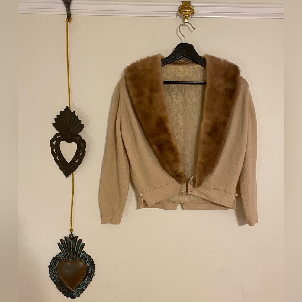 Vintage Fur Collar Cardigan, Light Brown, Size Small